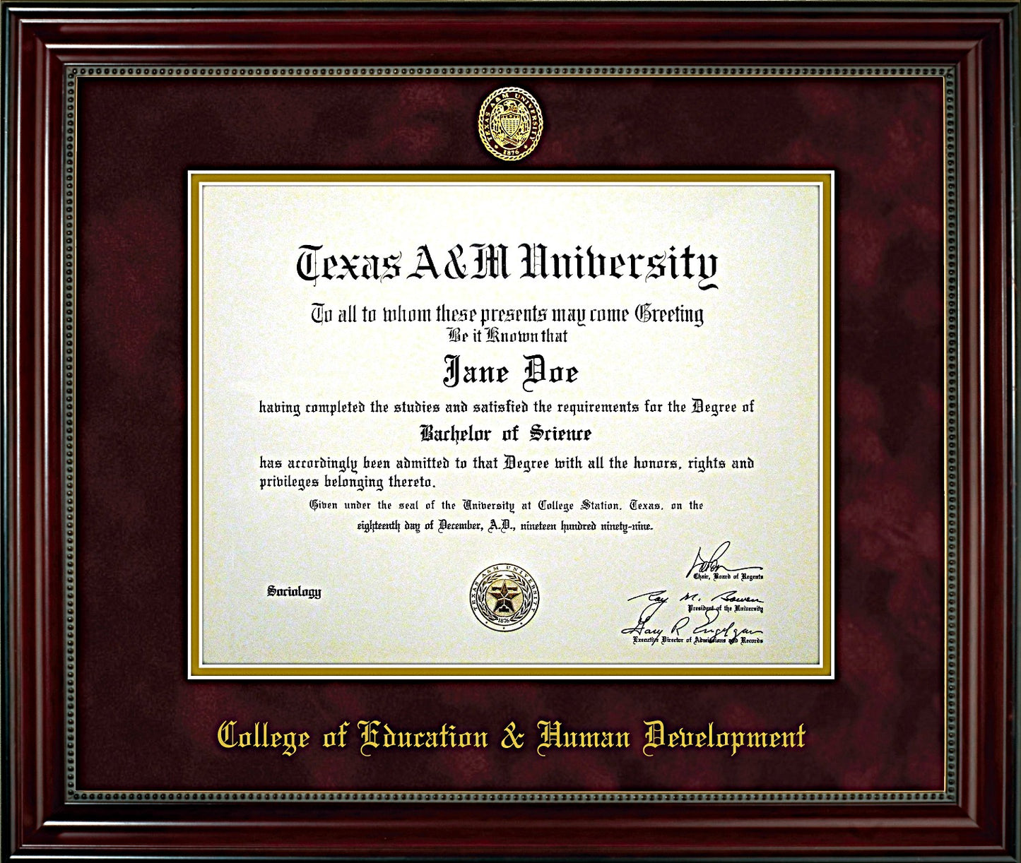College of Education & Human Development Diploma Frame: Beaded Cherry/ Maroon Mat/ Ring Crest