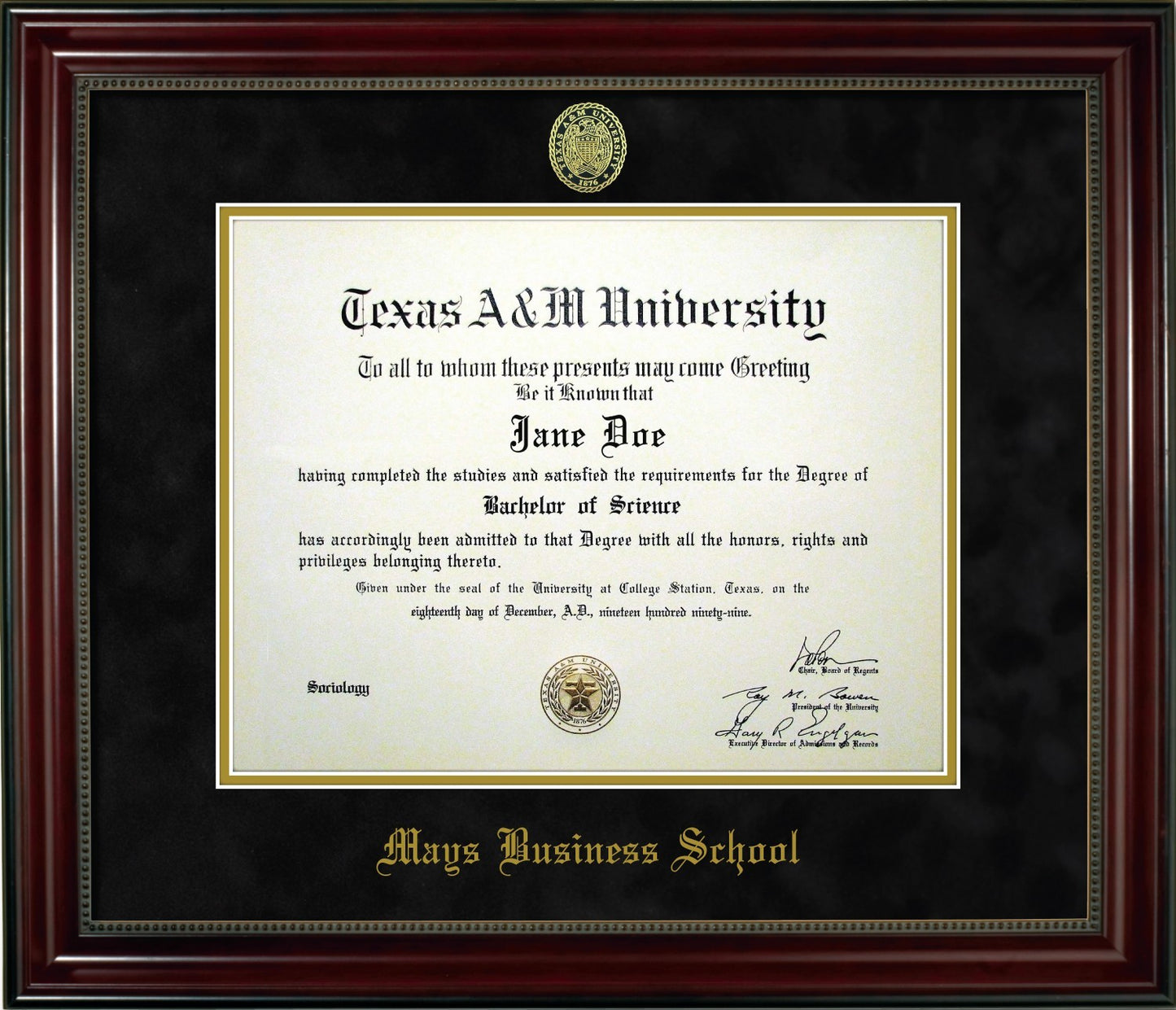 MAYS BUSINESS SCHOOL FRAME: Beaded Cherry Black Mat w/ Ring Crest Seal
