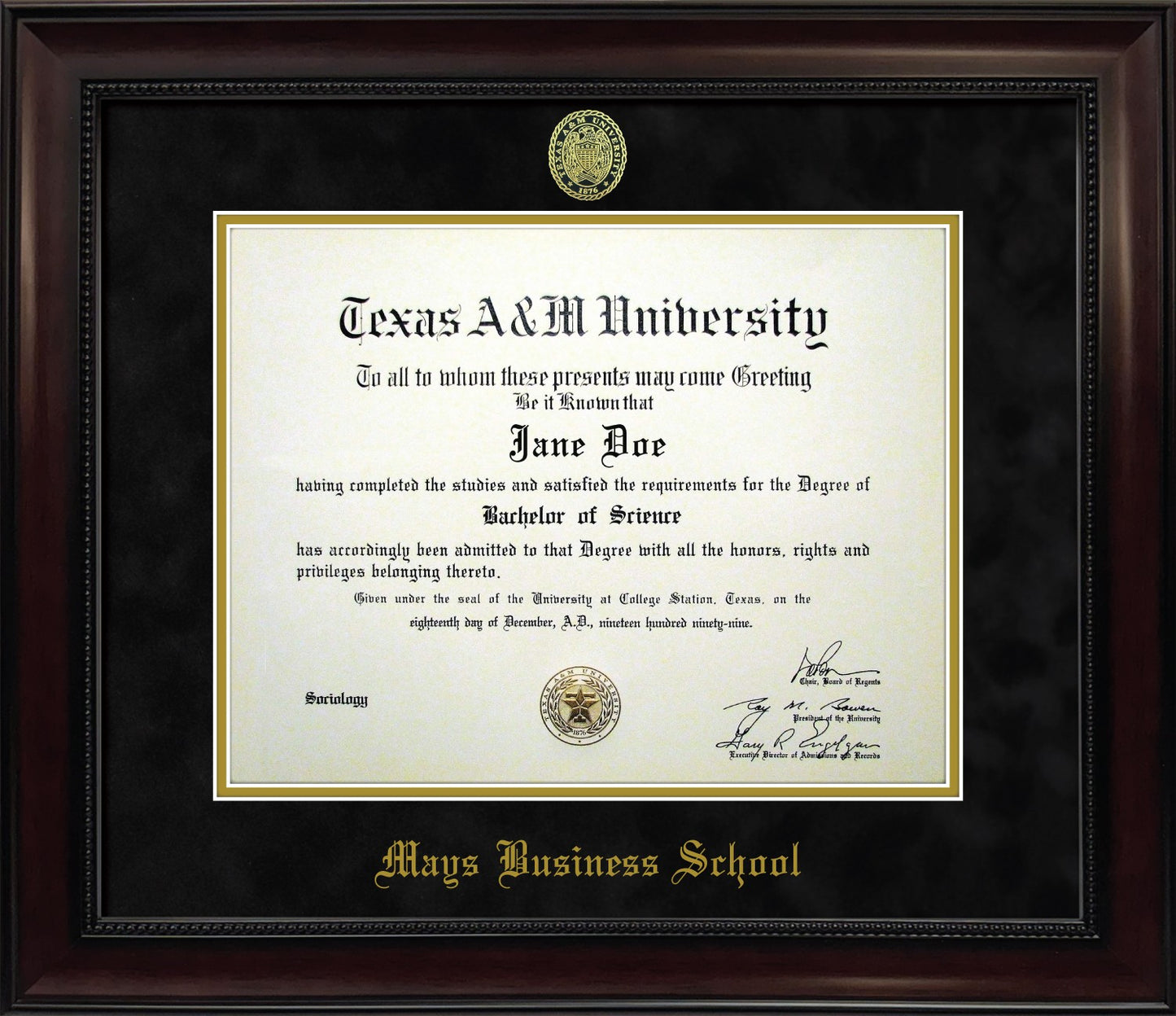 MAYS BUSINESS SCHOOL FRAME: Dark Beaded Mahogany w/ Black Mat & Ring Crest Seal