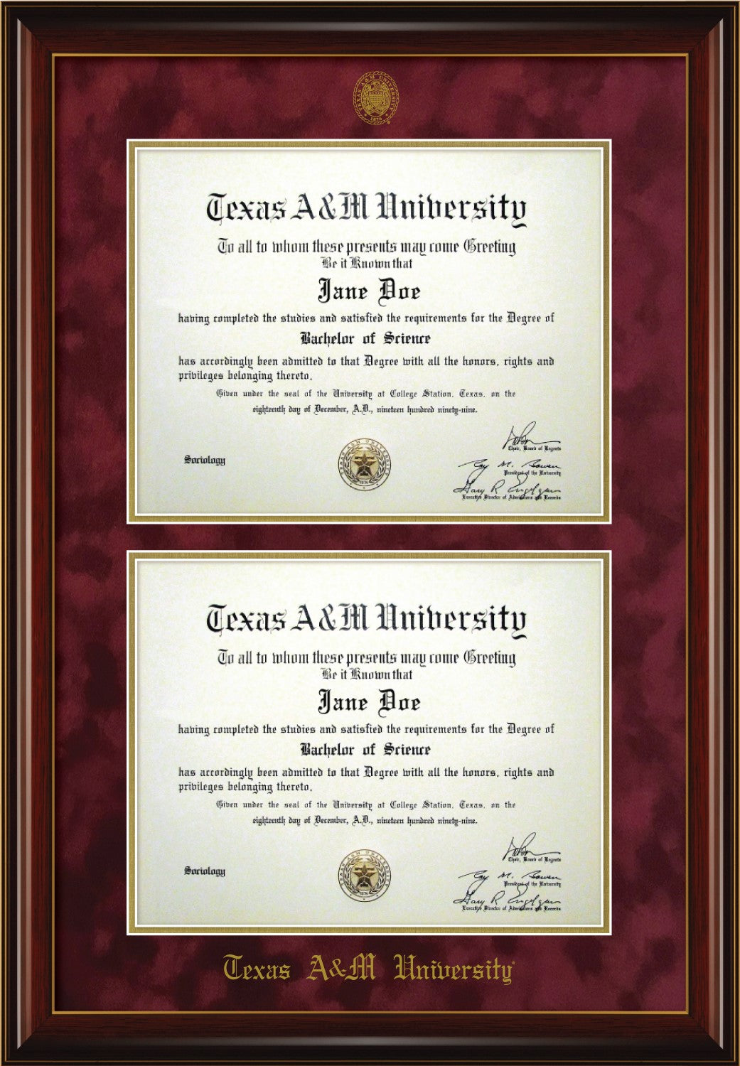 Double Frame---Glossy Mahogany, Maroon Mat, w/ Ring Crest Seal