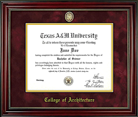 College of Architecture Diploma Frame: Beaded Cherry/ Maroon Mat/ Ring Crest