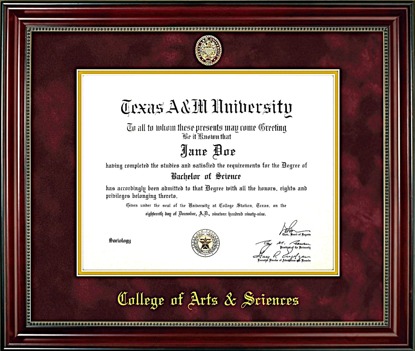 College of Arts & Sciences Diploma Frame: Beaded Cherry/ Maroon Mat/ Ring Crest Seal