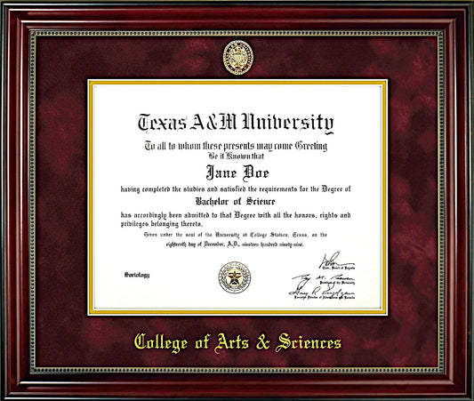 College of Arts & Sciences Diploma Frame: Beaded Cherry/ Maroon Mat/ Ring Crest Seal
