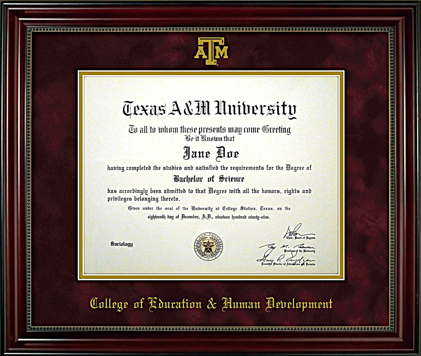 College of Education & Human Development Diploma Frame: Beaded Cherry/ Maroon Mat/ ATM