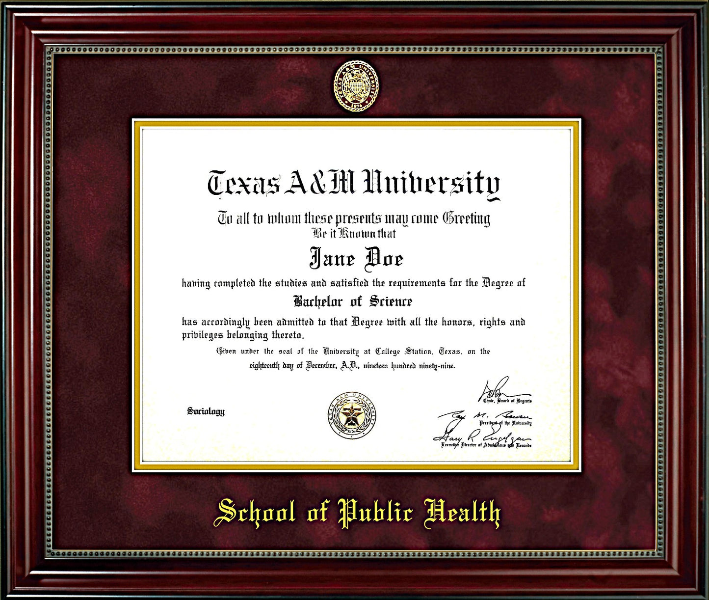 School of Public Health Diploma Frame: Beaded Cherry/ Maroon Mat/ Ring Crest