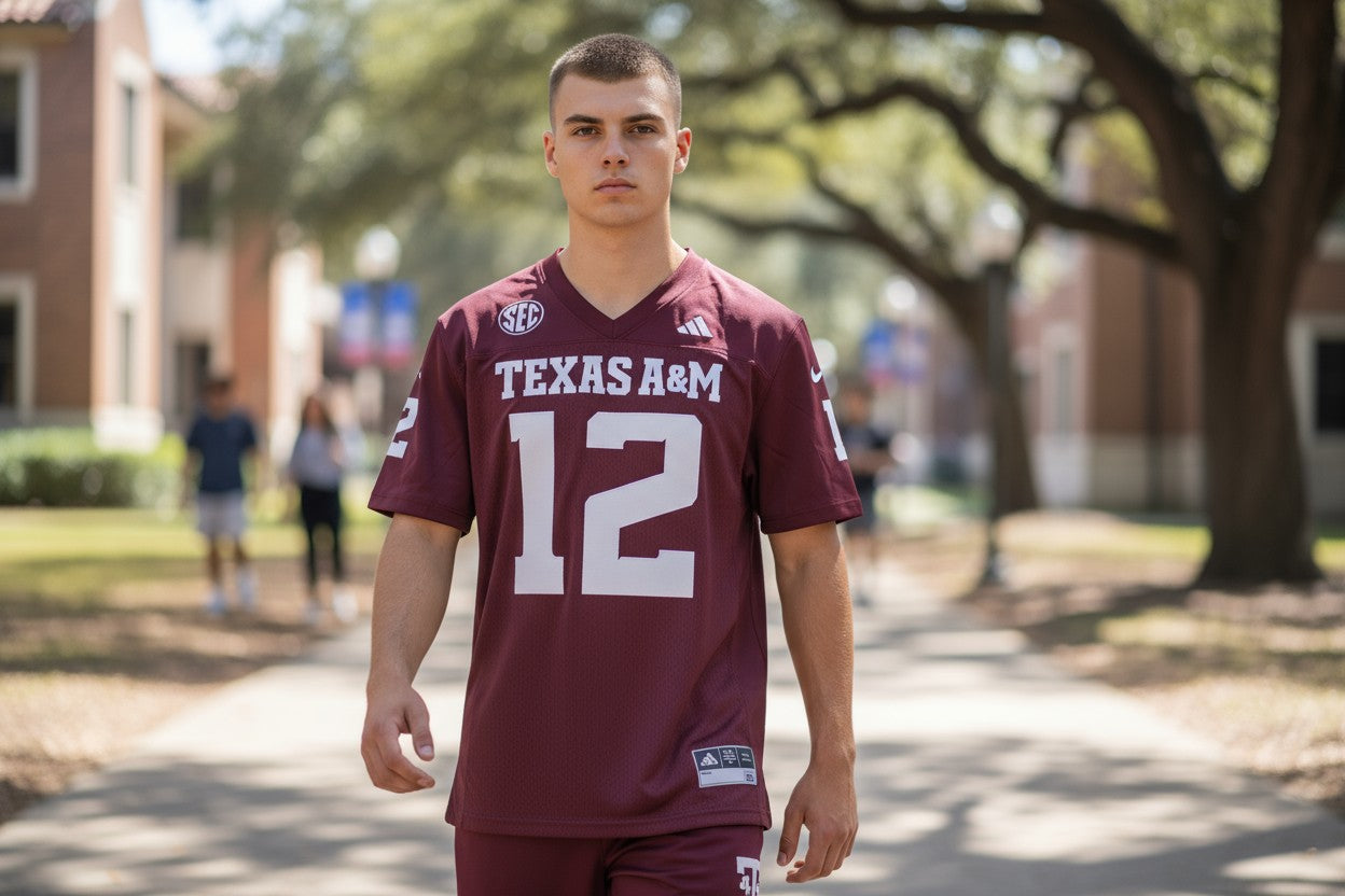 Person wearing a Texas A&M football jersey with the number 12 on a campus background