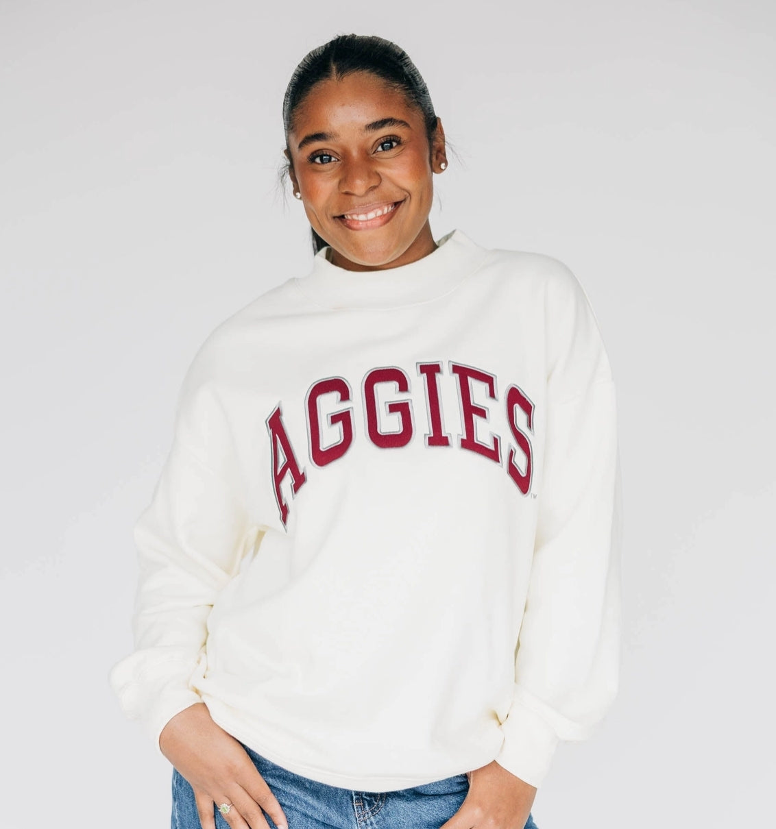 Madi Classic Mockneck Aggies Applique - Bone - TXAG Store 