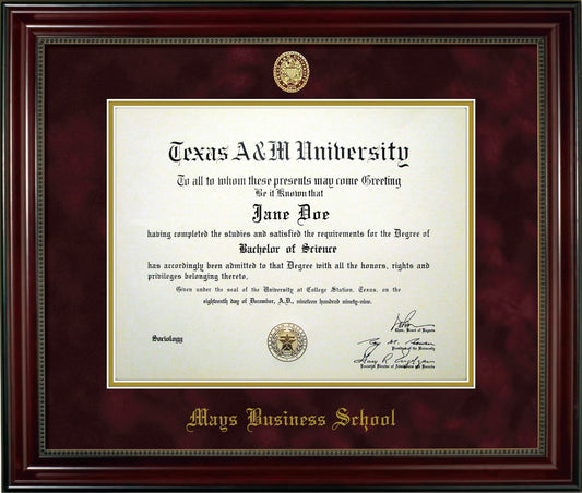 MAYS BUSINESS SCHOOL FRAME: Dark Beaded Mahogany w/ Maroon Mat & Ring Crest Seal