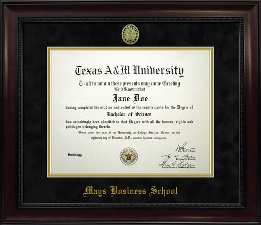 MAYS BUSINESS SCHOOL FRAME: Dark Beaded Mahogany w/ Black Mat & Ring Crest Seal