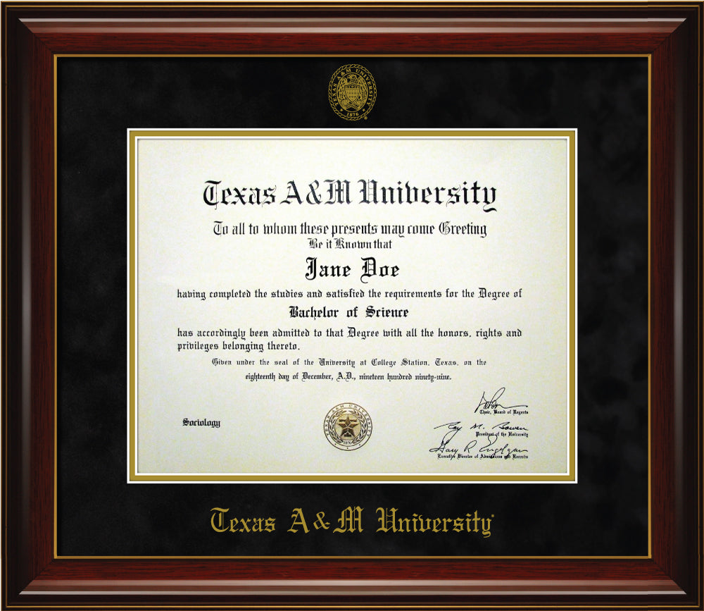 Glossy Mahogany, Black Mat, w/ Ring Crest Seal - Texas A&M Diploma Frame- TXAG Store