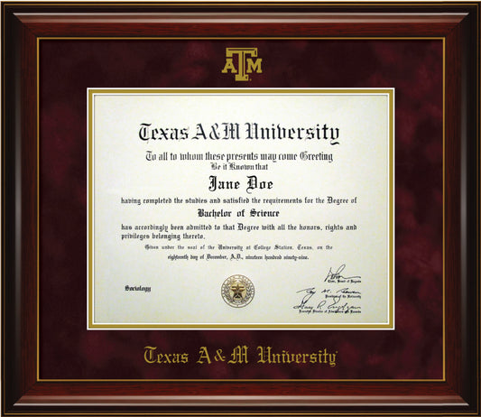 Glossy Mahogany, Maroon Mat, w/ Block ATM - Texas A&M Diploma Frame - TXAG Store