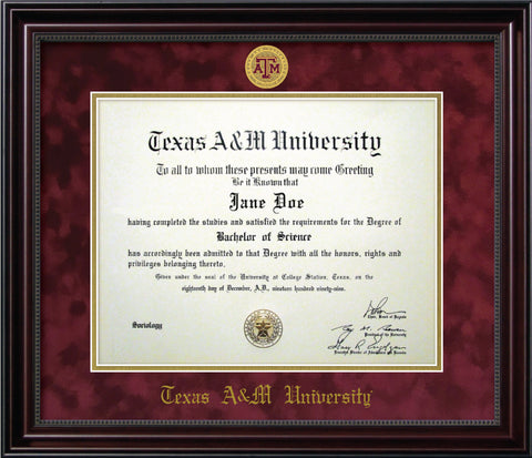 Double Frame-Beaded Cherry, Maroon Mat, with Ring Crest Medallion & A&M Icons Photo Collage